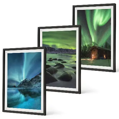 Wanddecoratie set schilderijen met winterlandschappen, noorderlicht en bergen