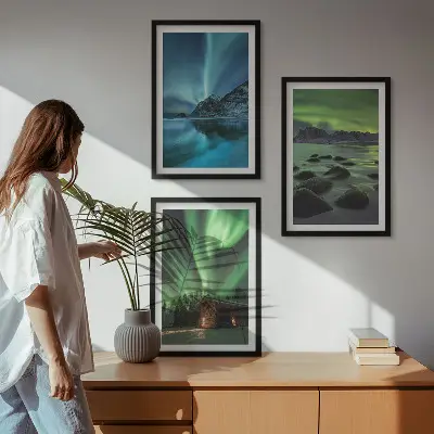 Wanddecoratie set schilderijen met winterlandschappen, noorderlicht en bergen