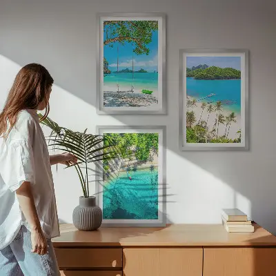 Wanddecoratieset schilderijen met stranden, palmbomen en helder water
