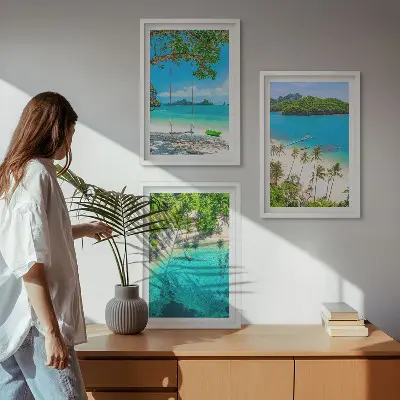 Wanddecoratieset schilderijen met stranden, palmbomen en helder water