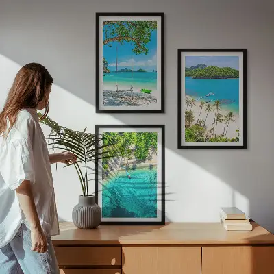 Wanddecoratieset schilderijen met stranden, palmbomen en helder water