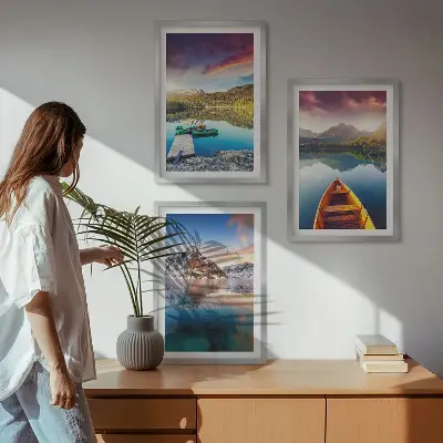 Wanddecoratieset schilderijen met meren, bergen en een boot in vrede thema
