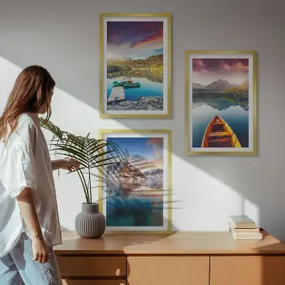Wanddecoratieset schilderijen met meren, bergen en een boot in vrede thema