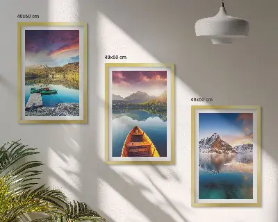 Wanddecoratieset schilderijen met meren, bergen en een boot in vrede thema