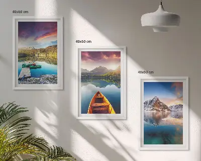 Wanddecoratieset schilderijen met meren, bergen en een boot in vrede thema