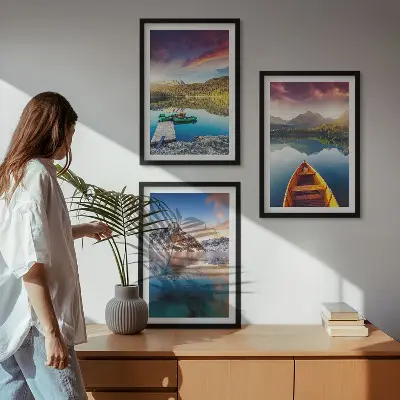 Wanddecoratieset schilderijen met meren, bergen en een boot in vrede thema