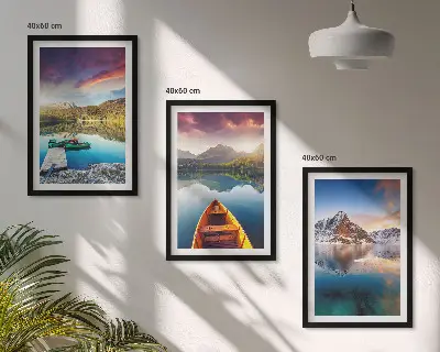 Wanddecoratieset schilderijen met meren, bergen en een boot in vrede thema