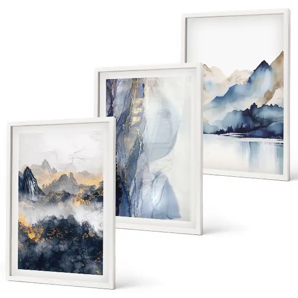 Wanddecoratieset schilderijen met blauwe en grijze berglandschappen