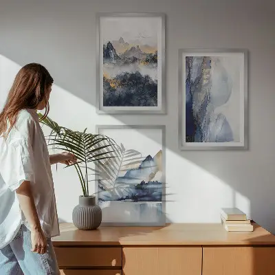 Wanddecoratieset schilderijen met blauwe en grijze berglandschappen