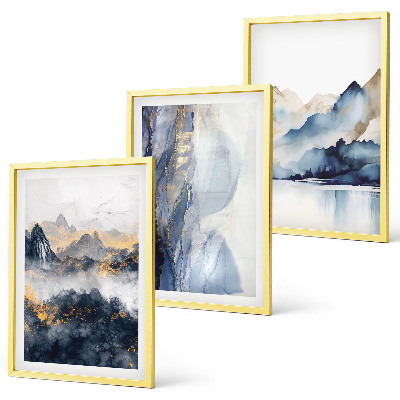 Wanddecoratie set schilderijen Blauwe en grijze berglandschappen