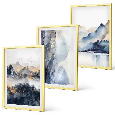 Wanddecoratieset schilderijen met blauwe en grijze berglandschappen