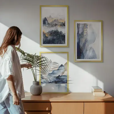 Wanddecoratieset schilderijen met blauwe en grijze berglandschappen