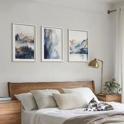 Wanddecoratieset schilderijen met blauwe en grijze berglandschappen