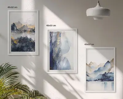Wanddecoratieset schilderijen met blauwe en grijze berglandschappen