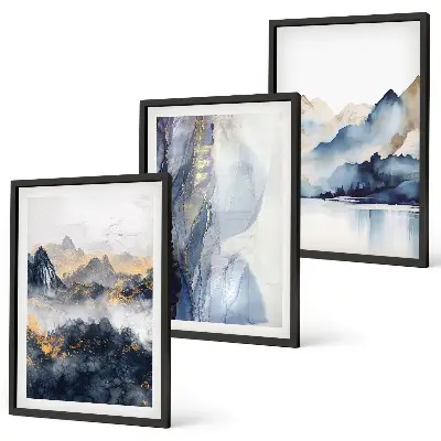Wanddecoratieset schilderijen met blauwe en grijze berglandschappen