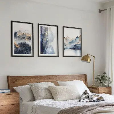 Wanddecoratieset schilderijen met blauwe en grijze berglandschappen