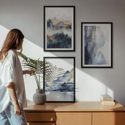 Wanddecoratieset schilderijen met blauwe en grijze berglandschappen