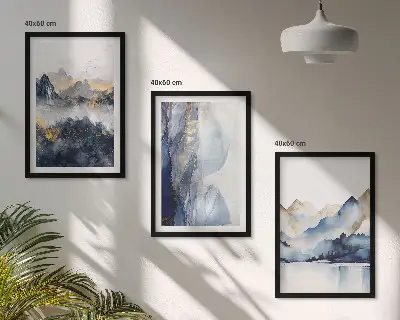 Wanddecoratieset schilderijen met blauwe en grijze berglandschappen