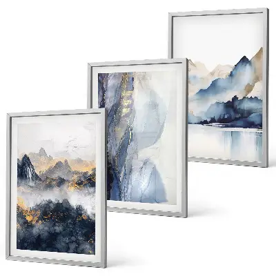 Wanddecoratieset schilderijen met blauwe en grijze berglandschappen