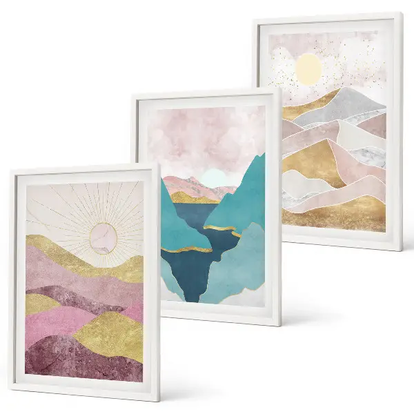 Schilderijen set wanddecoratie met abstracte bergen en zon