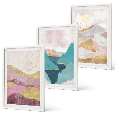 Wanddecoratie set schilderijen Abstracte bergen zon
