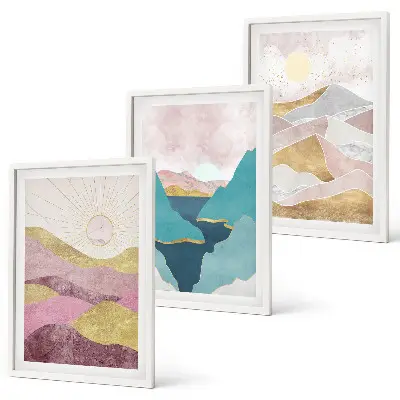 Schilderijen set wanddecoratie met abstracte bergen en zon
