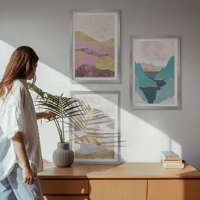 Schilderijen set wanddecoratie met abstracte bergen en zon