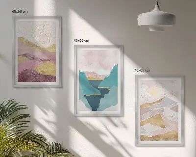 Schilderijen set wanddecoratie met abstracte bergen en zon