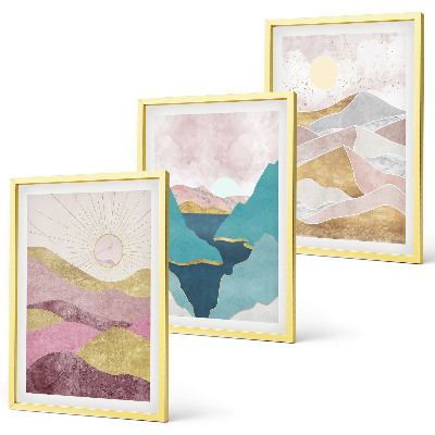 Wanddecoratie set schilderijen Abstracte bergen zon