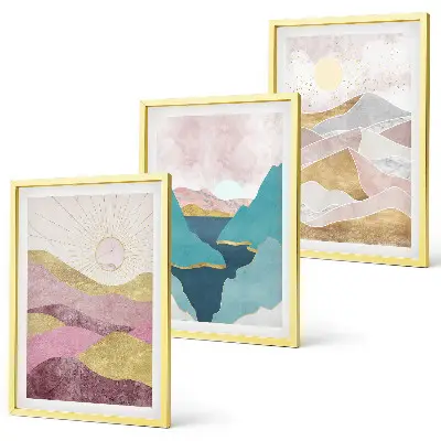 Schilderijen set wanddecoratie met abstracte bergen en zon