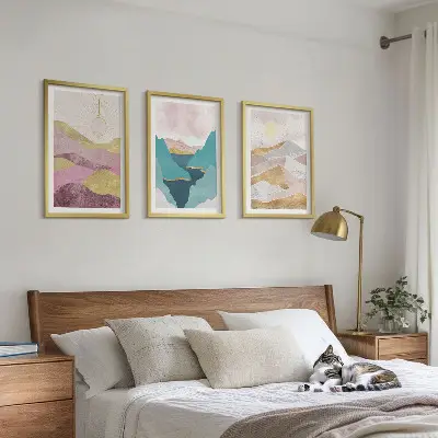 Schilderijen set wanddecoratie met abstracte bergen en zon