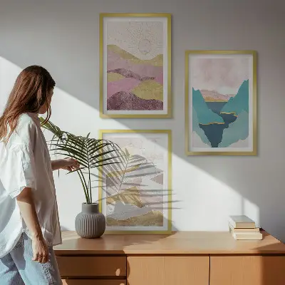 Schilderijen set wanddecoratie met abstracte bergen en zon