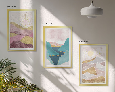 Wanddecoratie set schilderijen Abstracte bergen zon