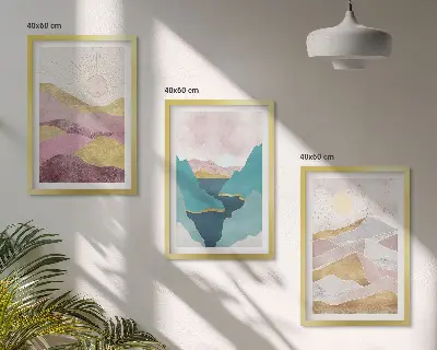 Schilderijen set wanddecoratie met abstracte bergen en zon