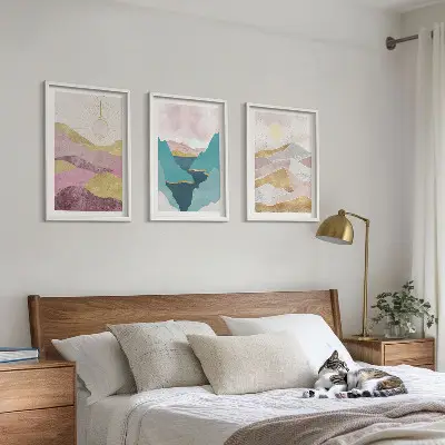 Schilderijen set wanddecoratie met abstracte bergen en zon