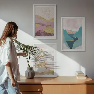 Schilderijen set wanddecoratie met abstracte bergen en zon