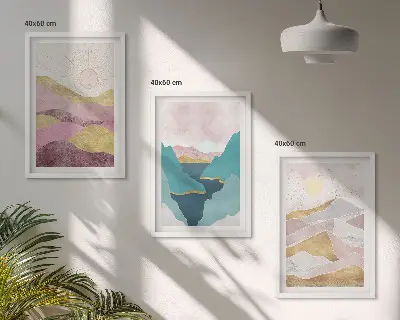 Schilderijen set wanddecoratie met abstracte bergen en zon