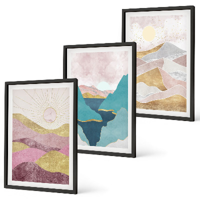 Wanddecoratie set schilderijen Abstracte bergen zon