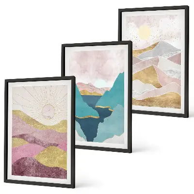Schilderijen set wanddecoratie met abstracte bergen en zon