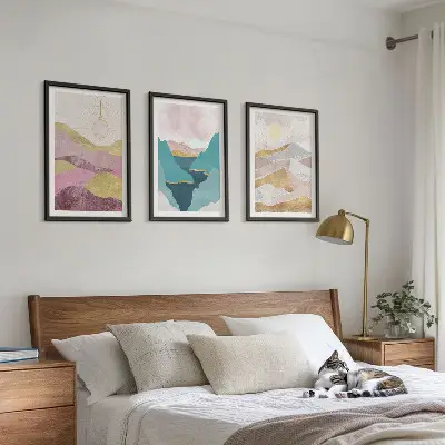 Schilderijen set wanddecoratie met abstracte bergen en zon