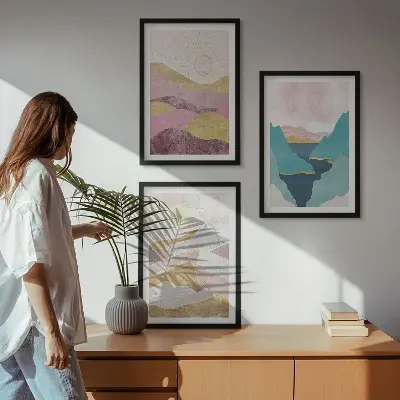 Schilderijen set wanddecoratie met abstracte bergen en zon