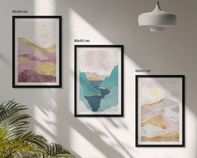 Wanddecoratie set schilderijen Abstracte bergen zon