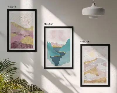 Schilderijen set wanddecoratie met abstracte bergen en zon