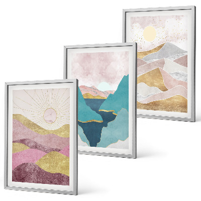 Wanddecoratie set schilderijen Abstracte bergen zon