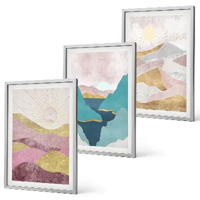 Schilderijen set wanddecoratie met abstracte bergen en zon
