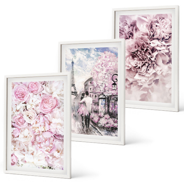 Wanddecoratie set schilderijen Bloemen in verschillende tinten roze landschap