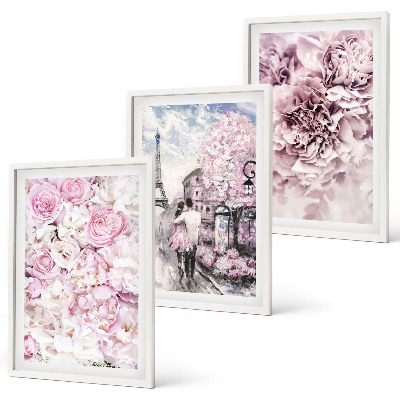 Wanddecoratie set schilderijen Bloemen in verschillende tinten roze landschap