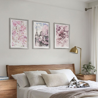 Wanddecoratie set schilderijen Bloemen in verschillende tinten roze landschap