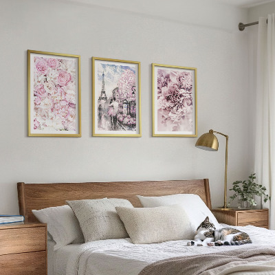 Wanddecoratie set schilderijen Bloemen in verschillende tinten roze landschap