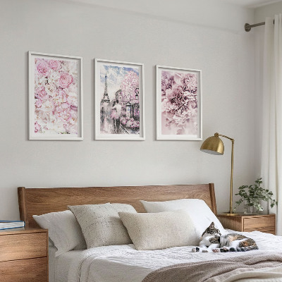 Wanddecoratie set schilderijen Bloemen in verschillende tinten roze landschap